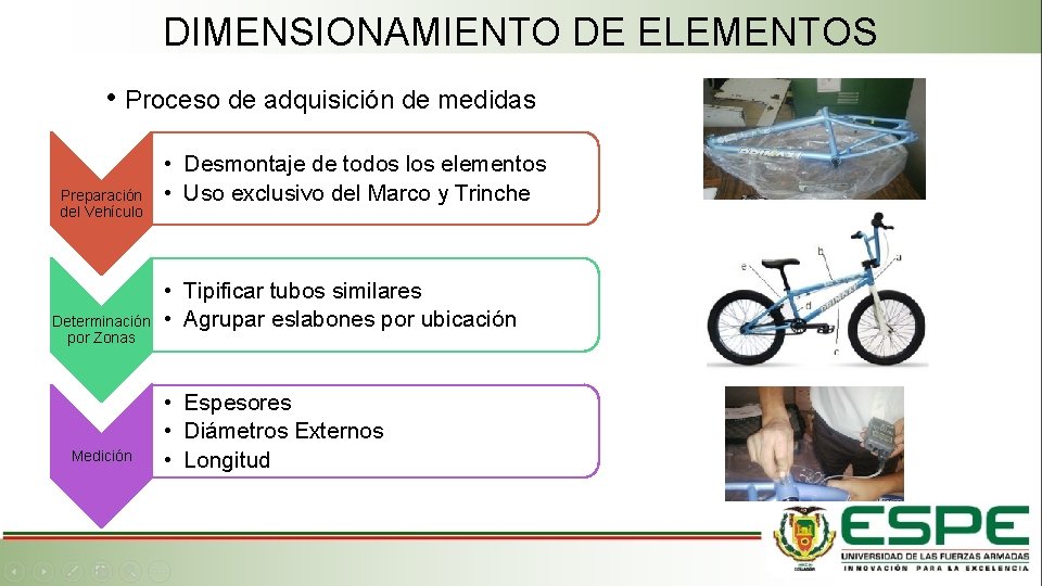 DIMENSIONAMIENTO DE ELEMENTOS • Proceso de adquisición de medidas Preparación del Vehículo Determinación por