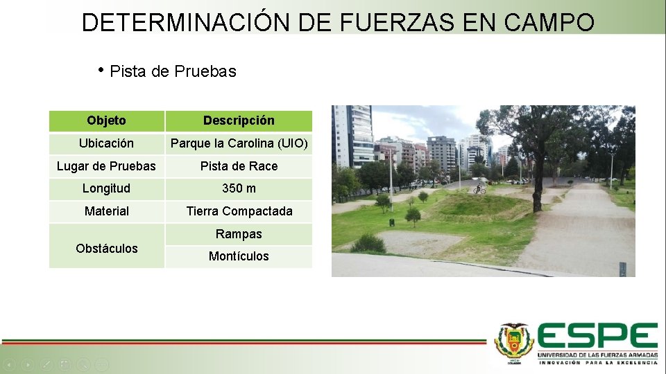 DETERMINACIÓN DE FUERZAS EN CAMPO • Pista de Pruebas Objeto Descripción Ubicación Parque la