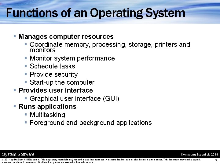 Functions of an Operating System § Manages computer resources § Coordinate memory, processing, storage, Functions of an Operating System § Manages computer resources § Coordinate memory, processing, storage,
