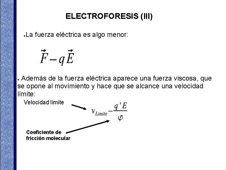 ELECTROFORESIS (III) ● La fuerza eléctrica es algo menor: Además de la fuerza eléctrica ELECTROFORESIS (III) ● La fuerza eléctrica es algo menor: Además de la fuerza eléctrica
