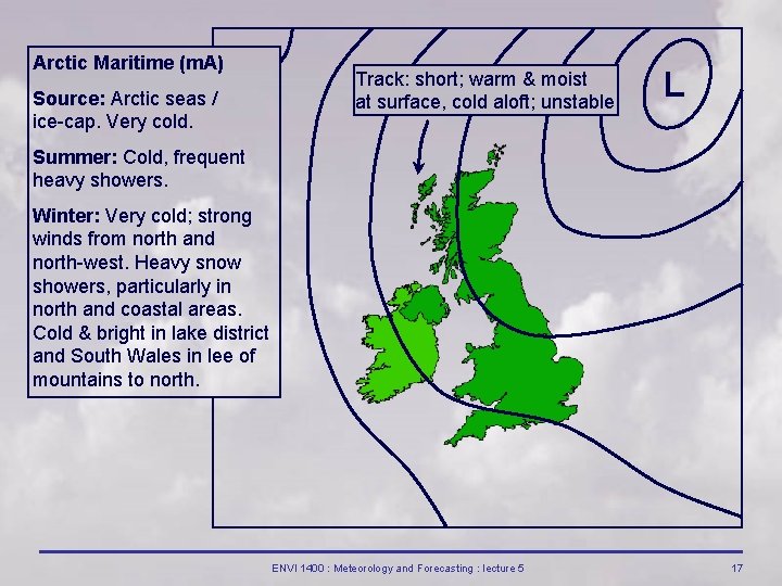 Arctic Maritime (m. A) Source: Arctic seas / ice cap. Very cold. Track: short; Arctic Maritime (m. A) Source: Arctic seas / ice cap. Very cold. Track: short;