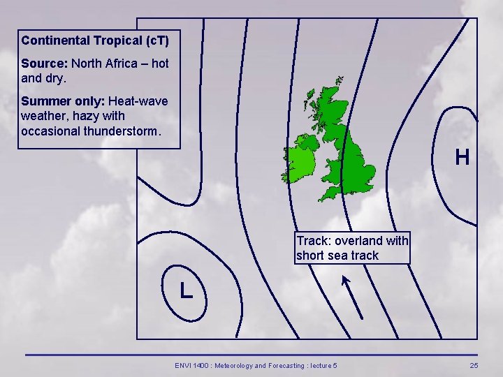 Continental Tropical (c. T) Source: North Africa – hot and dry. Summer only: Heat Continental Tropical (c. T) Source: North Africa – hot and dry. Summer only: Heat