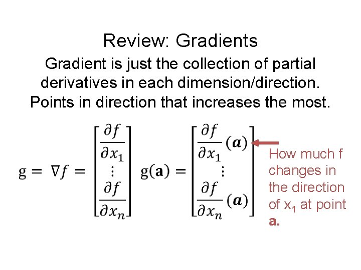 Review: Gradients Gradient is just the collection of partial derivatives in each dimension/direction. Points