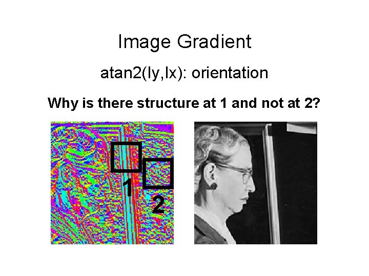 Image Gradient atan 2(Iy, Ix): orientation Why is there structure at 1 and not