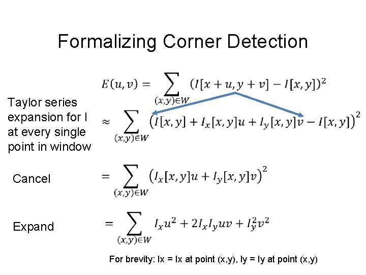 Formalizing Corner Detection Taylor series expansion for I at every single point in window