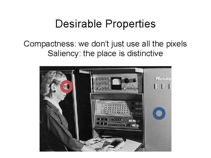 Desirable Properties Compactness: we don’t just use all the pixels Saliency: the place is