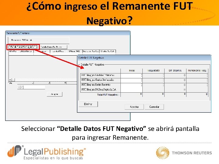 ¿Cómo ingreso el Remanente FUT Negativo? Seleccionar “Detalle Datos FUT Negativo” se abrirá pantalla