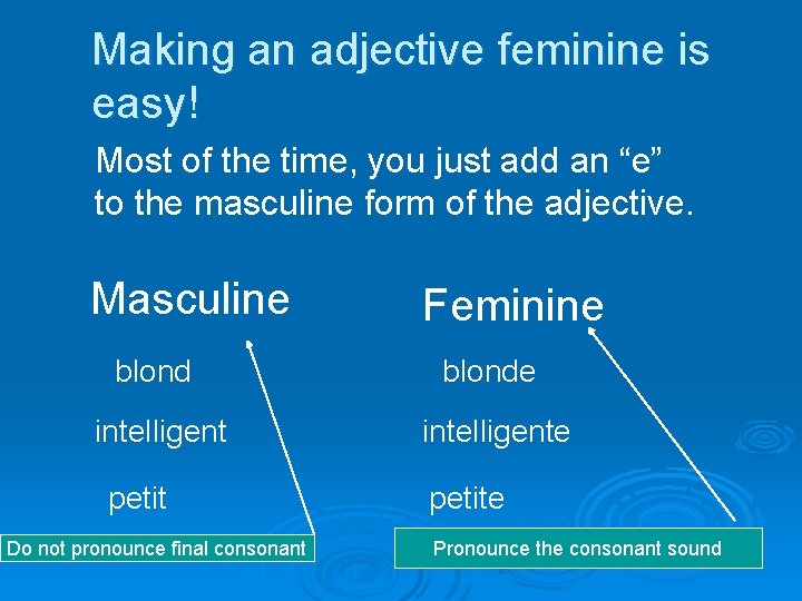 Making an adjective feminine is easy! Most of the time, you just add an