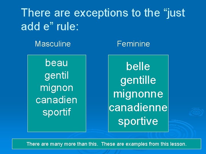 There are exceptions to the “just add e” rule: Masculine beau gentil mignon canadien