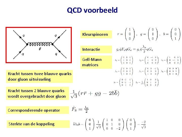 QCD voorbeeld Kleurspinoren Interactie Gell-Mann matrices Kracht tussen twee blauwe quarks door gluon uitwisseling