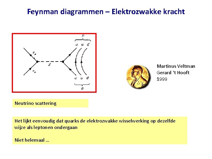 Feynman diagrammen – Elektrozwakke kracht Martinus Veltman Gerard ‘t Hooft 1999 Neutrino scattering Het