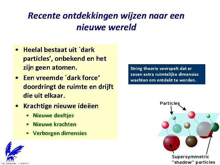 Recente ontdekkingen wijzen naar een nieuwe wereld • Heelal bestaat uit `dark particles’, onbekend