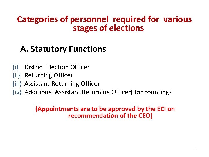 Categories of personnel required for various stages of elections A. Statutory Functions (i) (iii)