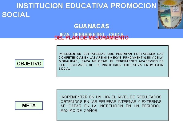 INSTITUCION EDUCATIVA PROMOCION SOCIAL GUANACAS INZA. TIERRADENTRO - CAUCA DEL PLAN DE MEJORAMIENTO OBJETIVO