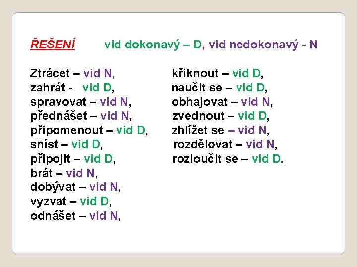 ŘEŠENÍ vid dokonavý – D, vid nedokonavý - N Ztrácet – vid N, zahrát