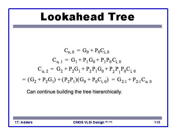 Lookahead Tree 17: Adders CMOS VLSI Design 4 th Ed. 113 