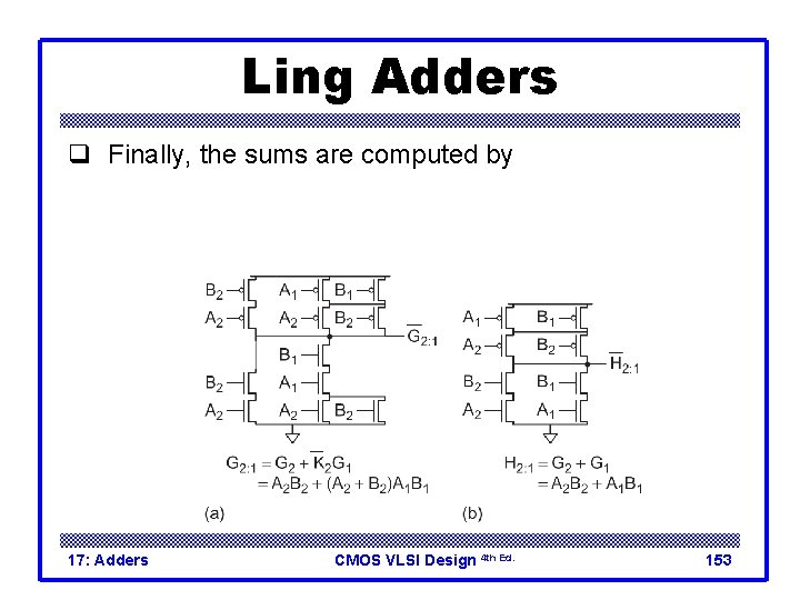 Ling Adders q Finally, the sums are computed by 17: Adders CMOS VLSI Design