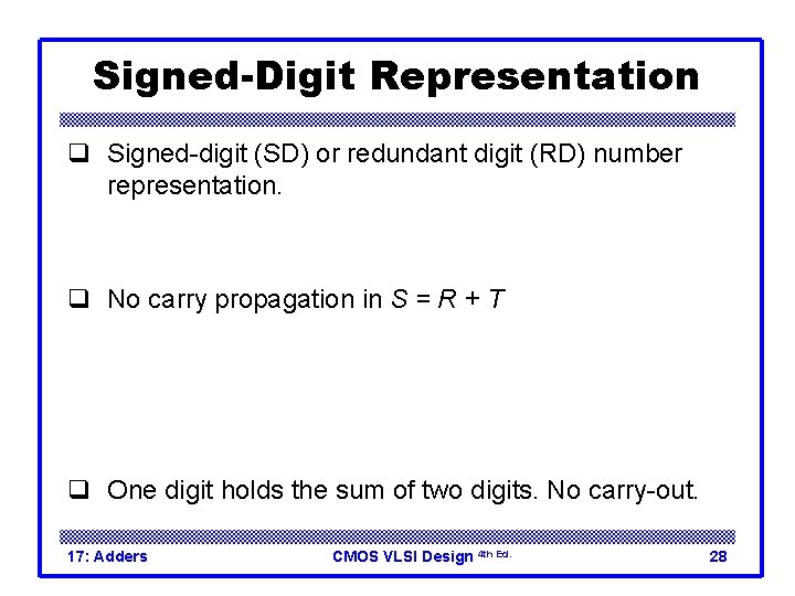 Signed-Digit Representation q Signed-digit (SD) or redundant digit (RD) number representation. q No carry