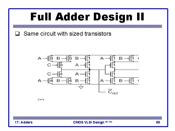 Full Adder Design II q Same circuit with sized transistors 17: Adders CMOS VLSI