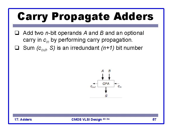 Carry Propagate Adders q Add two n-bit operands A and B and an optional