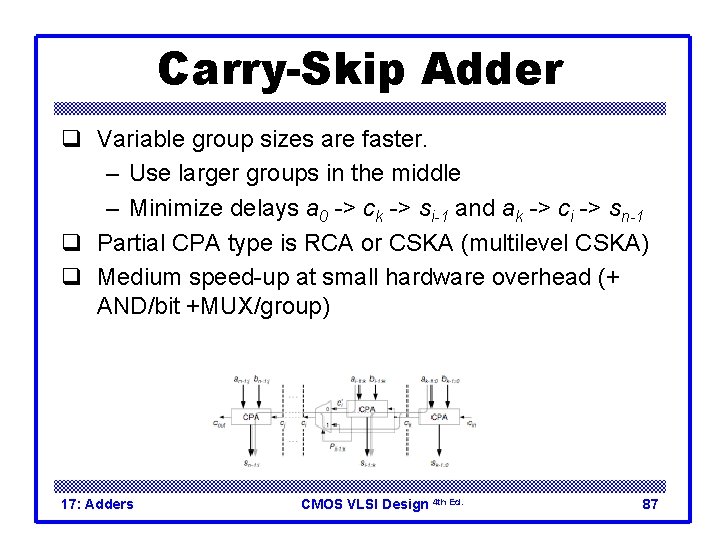 Carry-Skip Adder q Variable group sizes are faster. – Use larger groups in the