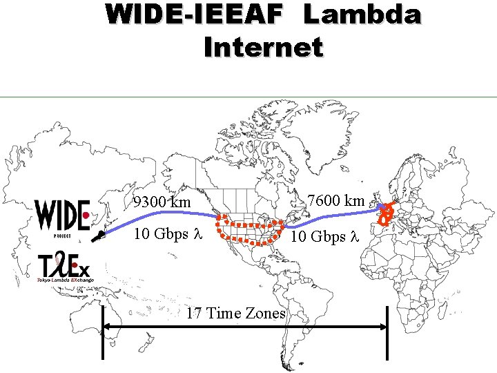WIDE-IEEAF　Lambda Internet 9300 km 10 Gbps l 17 Time Zones 7600 km 10 Gbps