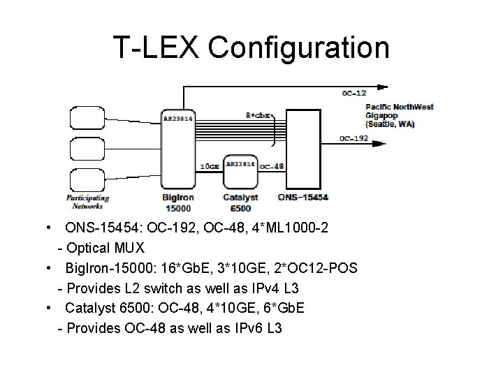 T-LEX Configuration • ONS-15454: OC-192, OC-48, 4*ML 1000 -2 - Optical MUX • Big.