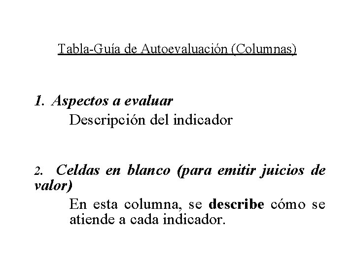 Tabla-Guía de Autoevaluación (Columnas) 1. Aspectos a evaluar Descripción del indicador 2. Celdas en