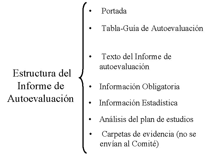 Estructura del Informe de Autoevaluación • Portada • Tabla-Guía de Autoevaluación • Texto del