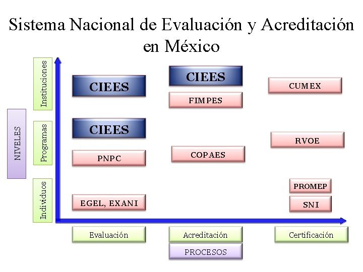 Programas Individuos NIVELES Instituciones Sistema Nacional de Evaluación y Acreditación en México CIEES CUMEX