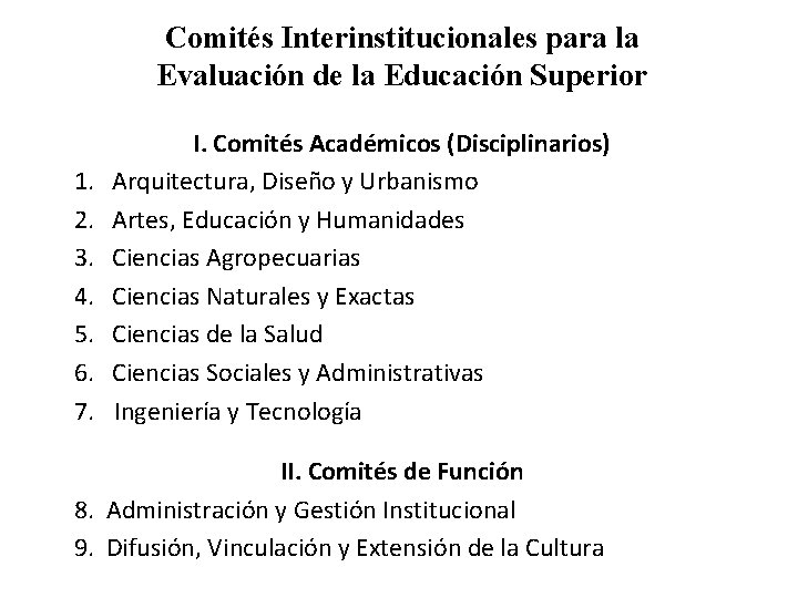 Comités Interinstitucionales para la Evaluación de la Educación Superior 1. 2. 3. 4. 5.