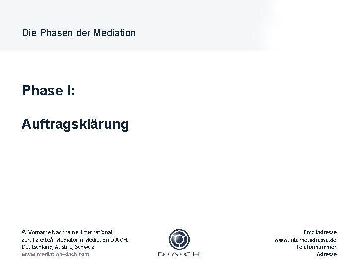 Die Phasen der Mediation Phase I: Auftragsklärung © Vorname Nachname, international zertifizierte/r Mediator. In