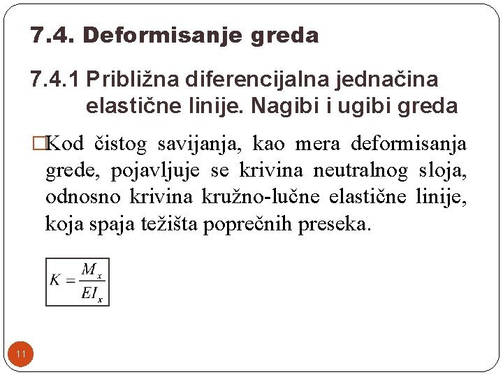 7. 4. Deformisanje greda 7. 4. 1 Približna diferencijalna jednačina elastične linije. Nagibi i