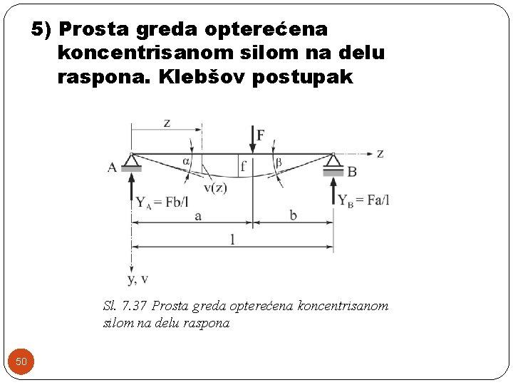 5) Prosta greda opterećena koncentrisanom silom na delu raspona. Klebšov postupak Sl. 7. 37