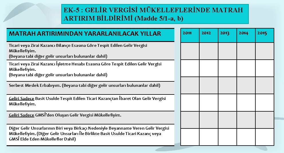 EK-5 : GELİR VERGİSİ MÜKELLEFLERİNDE MATRAH ARTIRIM BİLDİRİMİ (Madde 5/1 -a, b) MATRAH ARTIRIMINDAN EK-5 : GELİR VERGİSİ MÜKELLEFLERİNDE MATRAH ARTIRIM BİLDİRİMİ (Madde 5/1 -a, b) MATRAH ARTIRIMINDAN