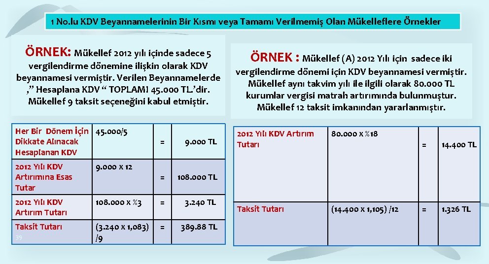 1 No. lu KDV Beyannamelerinin Bir Kısmı veya Tamamı Verilmemiş Olan Mükelleflere Örnekler ÖRNEK: 1 No. lu KDV Beyannamelerinin Bir Kısmı veya Tamamı Verilmemiş Olan Mükelleflere Örnekler ÖRNEK: