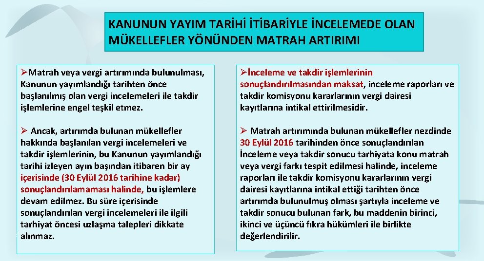 KANUNUN YAYIM TARİHİ İTİBARİYLE İNCELEMEDE OLAN MÜKELLEFLER YÖNÜNDEN MATRAH ARTIRIMI Matrah veya vergi artırımında KANUNUN YAYIM TARİHİ İTİBARİYLE İNCELEMEDE OLAN MÜKELLEFLER YÖNÜNDEN MATRAH ARTIRIMI Matrah veya vergi artırımında