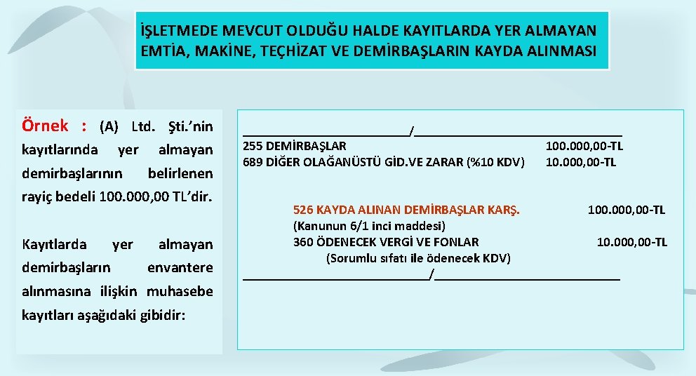 İŞLETMEDE MEVCUT OLDUĞU HALDE KAYITLARDA YER ALMAYAN EMTİA, MAKİNE, TEÇHİZAT VE DEMİRBAŞLARIN KAYDA ALINMASI İŞLETMEDE MEVCUT OLDUĞU HALDE KAYITLARDA YER ALMAYAN EMTİA, MAKİNE, TEÇHİZAT VE DEMİRBAŞLARIN KAYDA ALINMASI