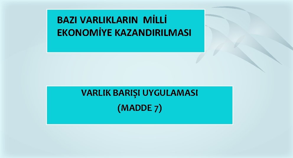 BAZI VARLIKLARIN MİLLİ EKONOMİYE KAZANDIRILMASI VARLIK BARIŞI UYGULAMASI (MADDE 7) BAZI VARLIKLARIN MİLLİ EKONOMİYE KAZANDIRILMASI VARLIK BARIŞI UYGULAMASI (MADDE 7)
