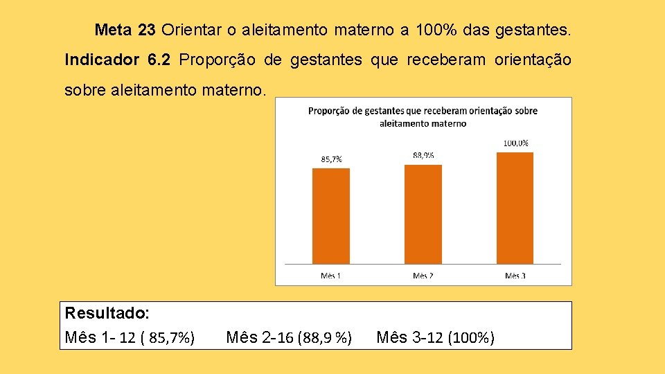 Meta 23 Orientar o aleitamento materno a 100% das gestantes. Indicador 6. 2 Proporção