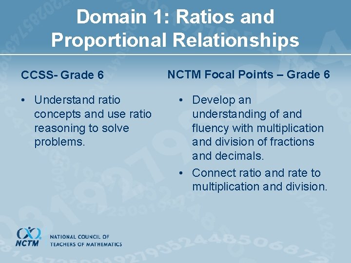 Domain 1: Ratios and Proportional Relationships CCSS- Grade 6 • Understand ratio concepts and