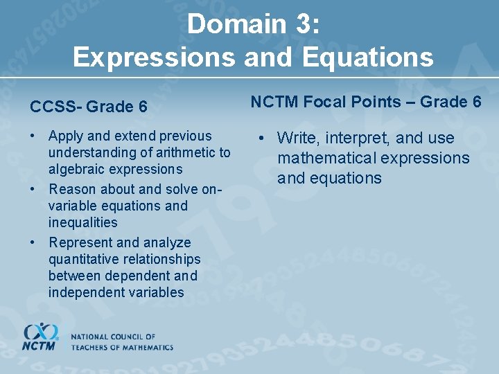 Domain 3: Expressions and Equations CCSS- Grade 6 • Apply and extend previous understanding