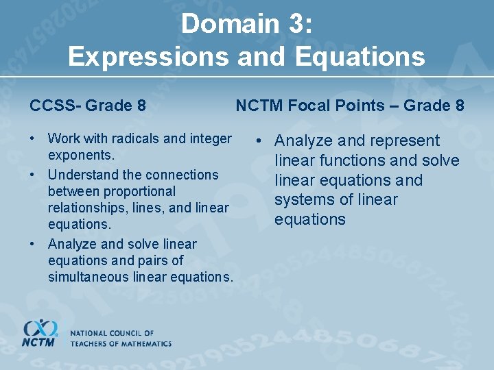 Domain 3: Expressions and Equations CCSS- Grade 8 • Work with radicals and integer
