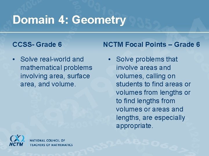 Domain 4: Geometry CCSS- Grade 6 • Solve real-world and mathematical problems involving area,