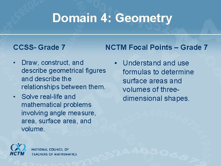 Domain 4: Geometry CCSS- Grade 7 NCTM Focal Points – Grade 7 • Draw,