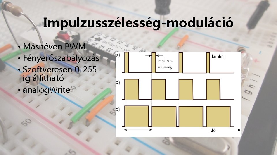 Impulzusszélesség-moduláció • Másnéven PWM • Fényerőszabályozás • Szoftveresen 0 -255 ig állítható • analog.