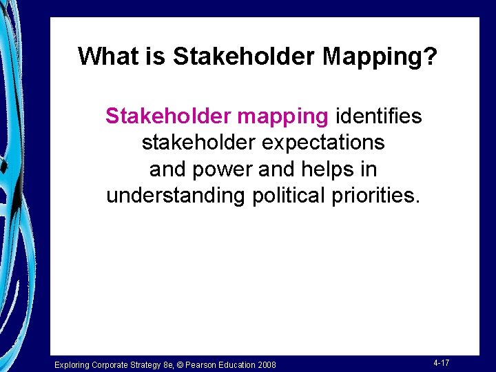 What is Stakeholder Mapping? Stakeholder mapping identifies stakeholder expectations and power and helps in