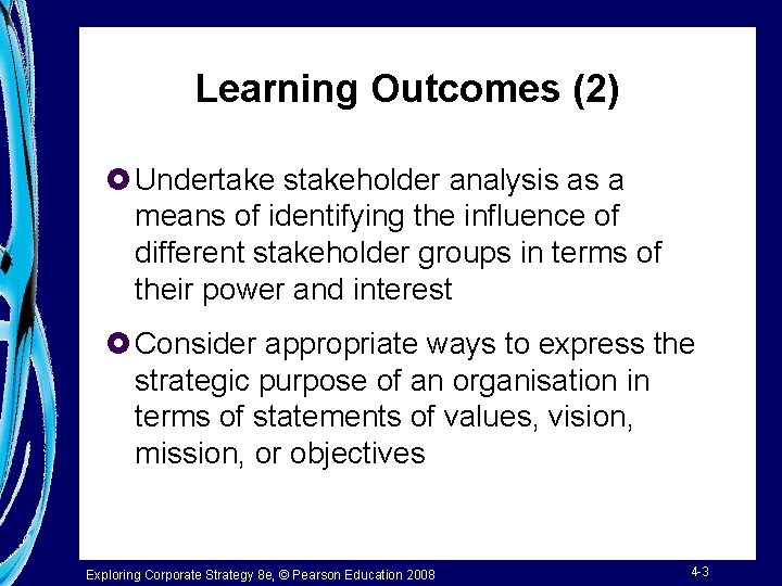 Learning Outcomes (2) £ Undertake stakeholder analysis as a means of identifying the influence