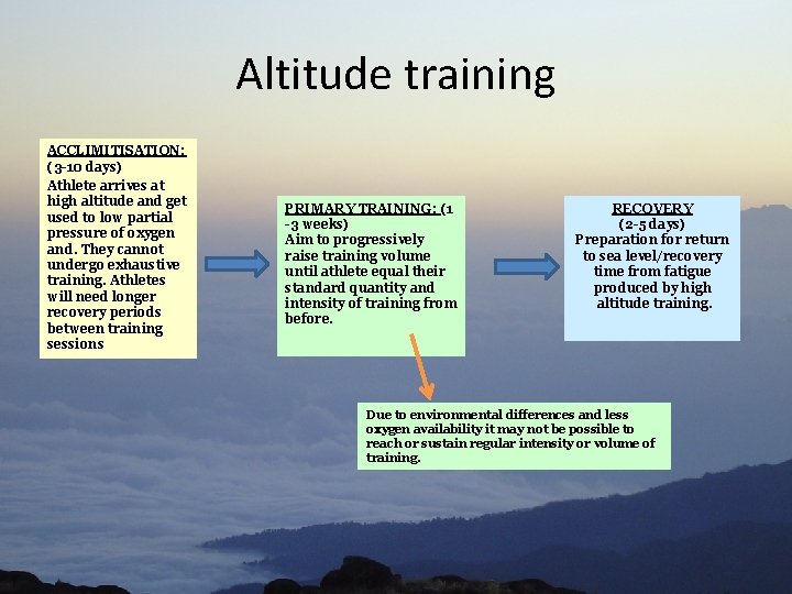 Altitude training ACCLIMITISATION: (3 -10 days) Athlete arrives at high altitude and get used
