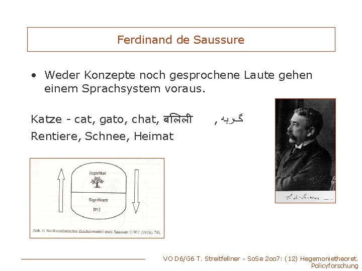 Ferdinand de Saussure • Weder Konzepte noch gesprochene Laute gehen einem Sprachsystem voraus. Katze
